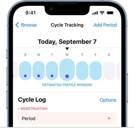 The Cycle Tracking screen with a timeline at the top showing an estimated fertile window.