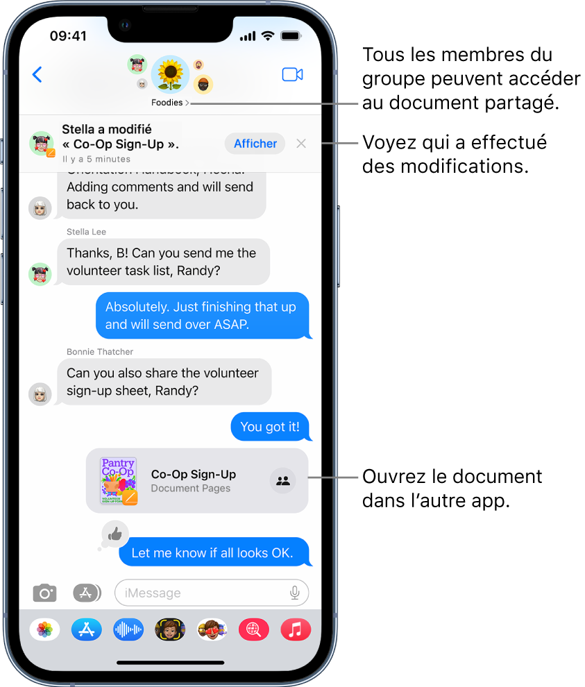 Une conversation de groupe dans Messages, avec une invitation à collaborer et des mises à jour en haut de la fenêtre de la conversation.