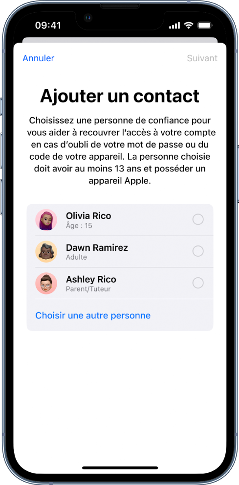 L’écran « Contact de récupération du compte » affichant des suggestions de contact de récupération, ainsi qu’une option permettant de choisir une autre personne.