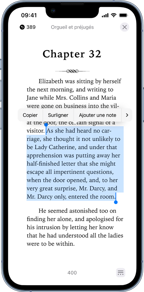 Une page d’un livre dans l’app Livres. Une partie du texte de la page est sélectionnée. Les commandes Copier, Surligner et « Ajouter une note » sont affichées au-dessus du texte sélectionné.