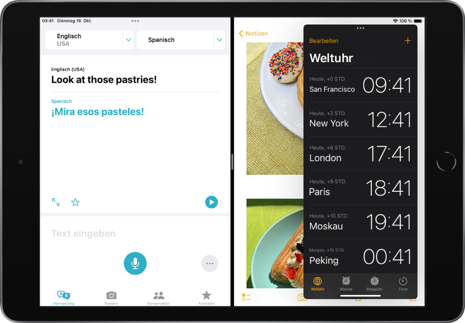Auf der linken Seite des Bildschirms befindet sich die geöffnete App „Übersetzen“, rechts ist die geöffnete App „Notizen“ zu sehen und die App „Uhr“ ist in einem Slide Over-Fenster geöffnet, das die App „Kalender“ teilweise verdeckt.