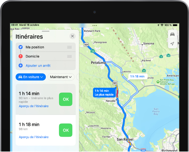 Plan avec deux itinéraires en voiture dans la North Bay, près de San Francisco. L’itinéraire le plus rapide est sélectionné.