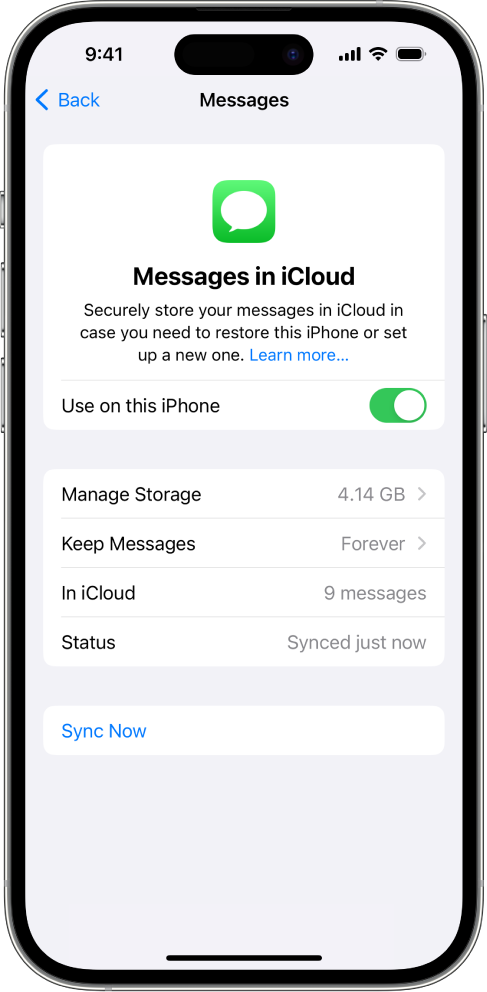 Der Bildschirm für Nachrichten in den iCloud-Einstellungen. „Dieses iPhone synchronisieren“ ist aktiviert.