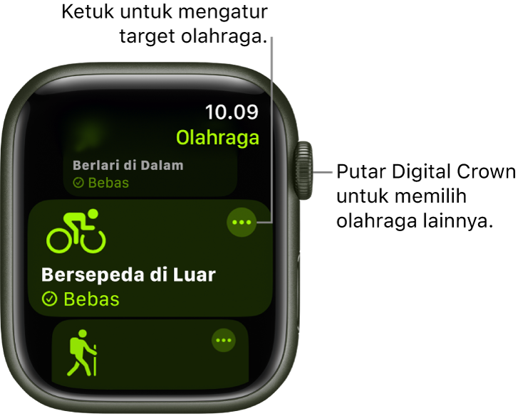 Layar Olahraga dengan olahraga Bersepeda Di Luar disorot. Tombol Lainnya ada di kanan atas ubin olahraga.