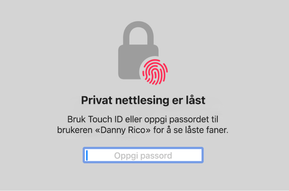 Et vindu der Touch ID eller passord må oppgis for å låse opp faner og vinduer i Privat nettlesing.