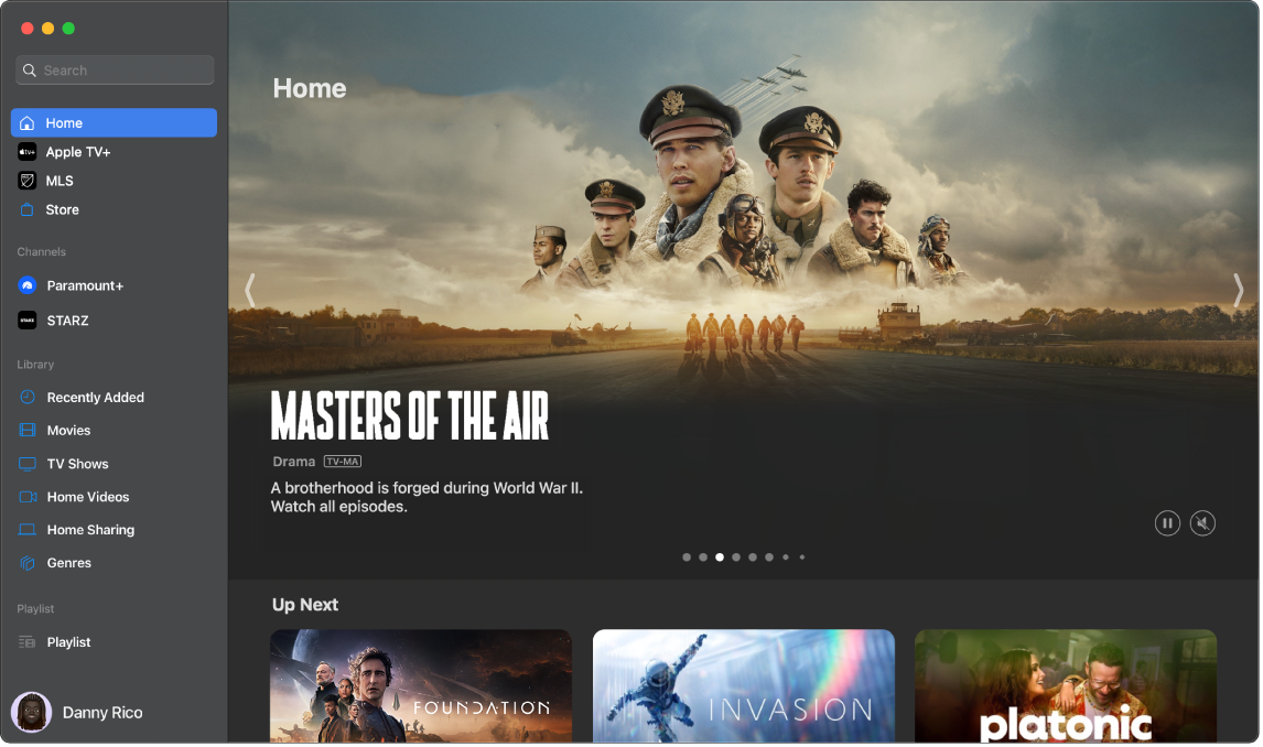 A TV app window showing the sidebar with different categories and the Home screen.