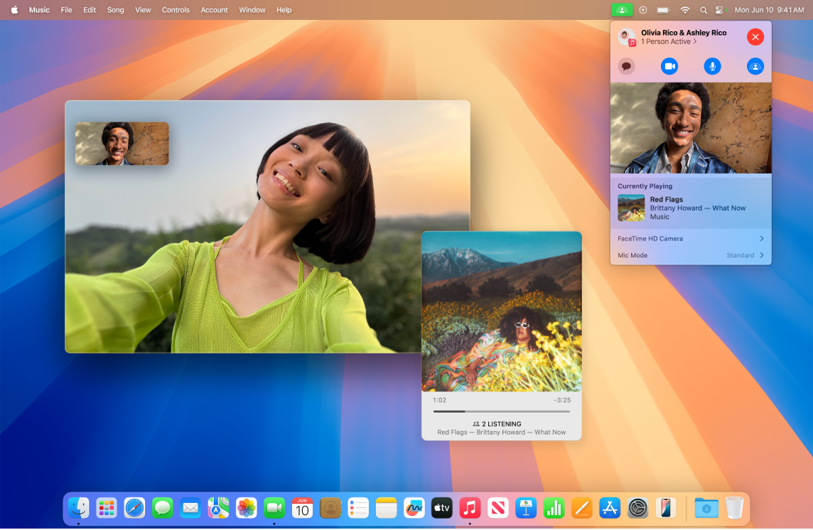 La ventana de FaceTime, que muestra una llamada con los participantes usando SharePlay para escuchar un álbum juntos.