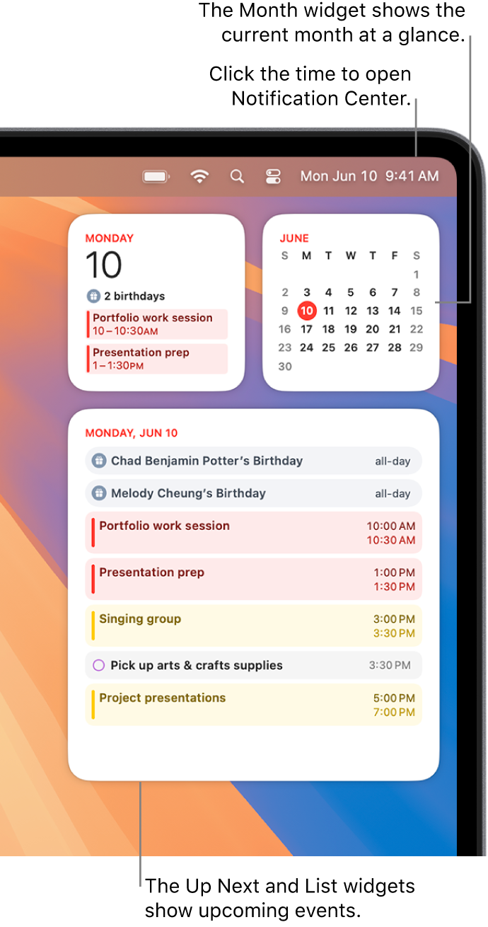 Three Calendar widgets—an Up Next widget and a List widget showing upcoming events for the current day, and a Month widget showing the current month. Click the date and time in the menu bar to open Notification Center and customize widgets.