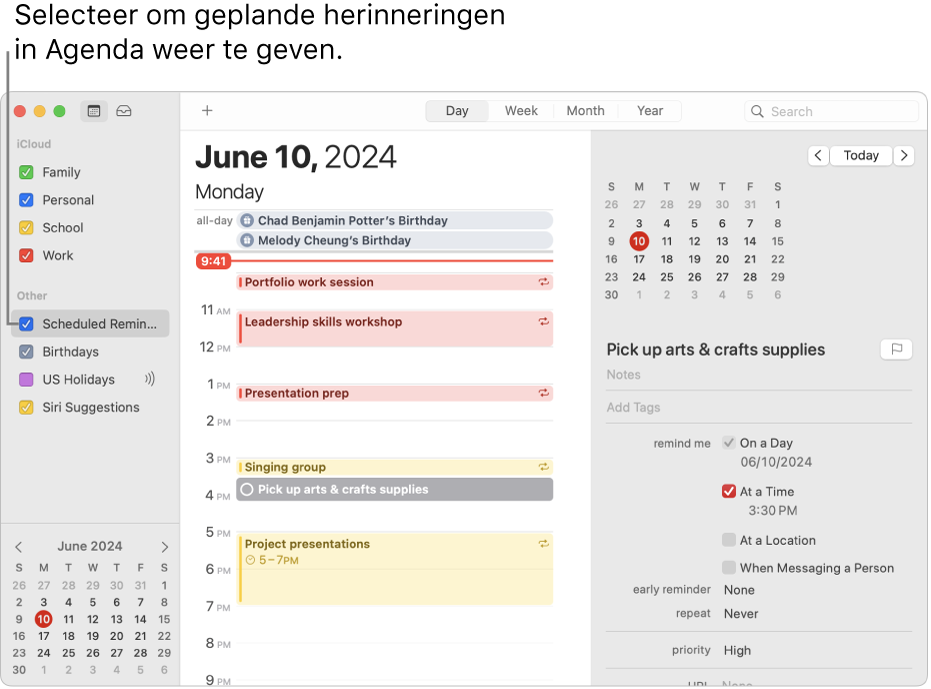 Een Agenda-venster in de dagweergave met de agendalijst en het ingeschakelde aankruisvak 'Geplande herinneringen'. Het dagschema toont activiteiten en een geplande herinnering met aan de rechterkant het gedeelte voor het toevoegen van herinneringen.