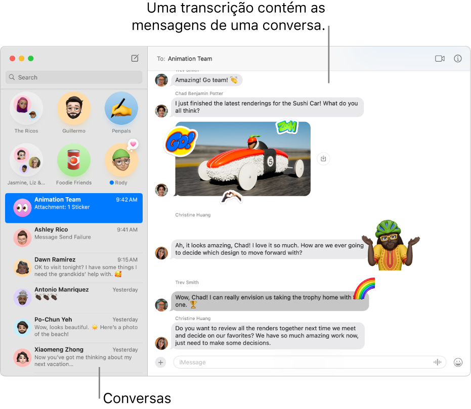 A janela do Mensagens com conversas na barra lateral e a transcrição contendo as mensagens dentro da conversa.