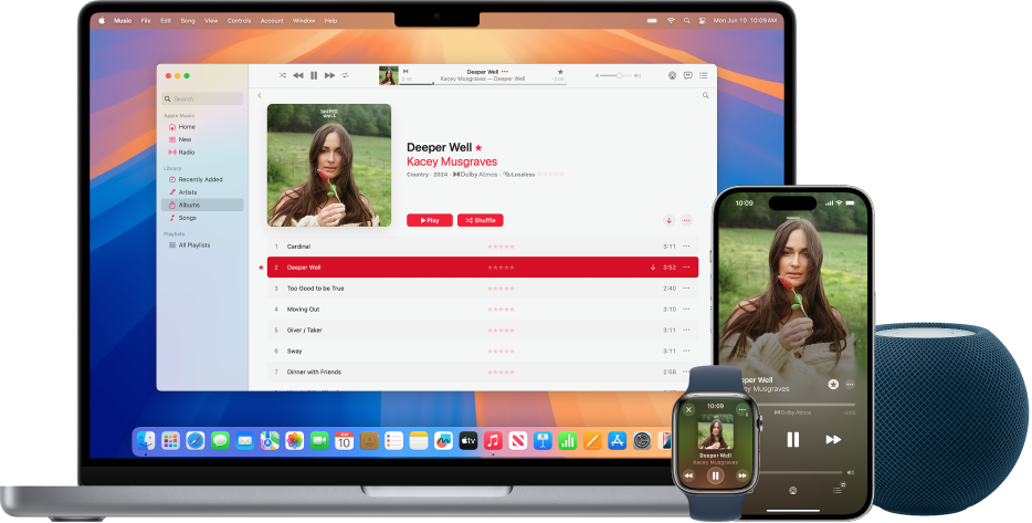Una canción reproduciéndose en una Mac, un iPhone y un Apple Watch, con un HomePod.