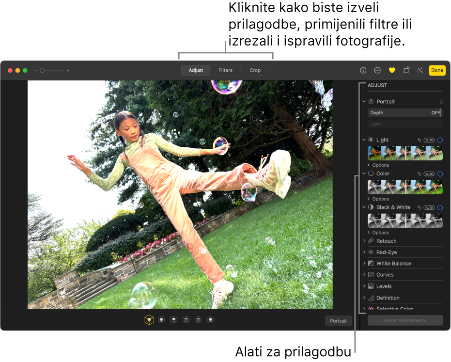 Fotografija u prikazu za uređivanje s odabranom opcijom Prilagodi u alatnoj traci i opcijama prilagodbe s desne strane.