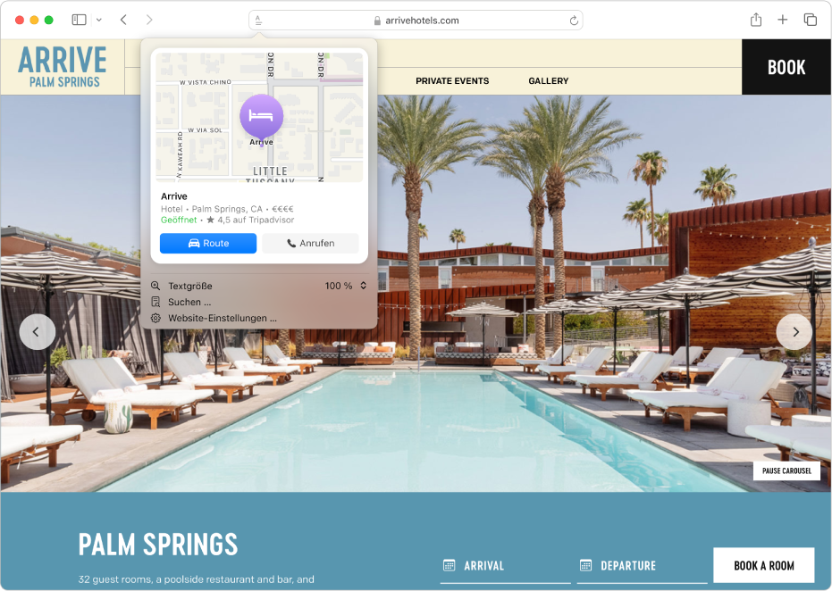 Die App „Safari“ zeigt Highlights für ein Hotel in Palm Springs, einschließlich einer Karte, Schaltflächen, um das Hotel anzurufen und eine Wegbeschreibung zu erhalten, sowie einen Link, um eine Reservierung vorzunehmen.