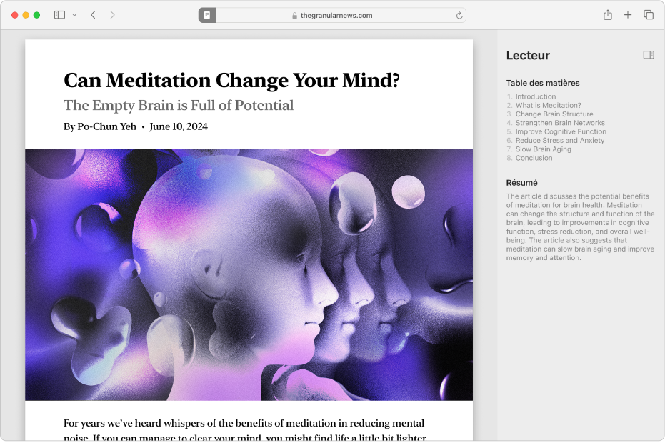 Une fenêtre du lecteur affichant le début d’un article, une table des matières et le résumé d’un article.