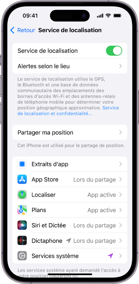 L’écran « Services de localisation », avec les réglages permettant de partager l’emplacement de votre iPhone, y compris des réglages personnalisés pour les apps individuelles.