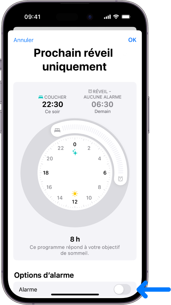 L’écran « Prochain réveil uniquement » dans Santé avec l’option Alarme désactivée en bas.