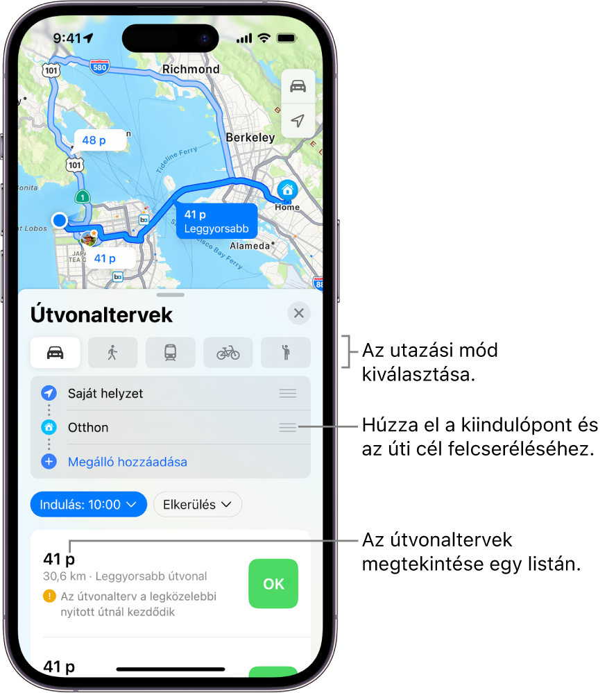 Egy térkép több autós útvonallal két hely között. A rendelkezésre álló lehetőségekkel választhat más utazási módot, felcserélheti az indulási pontot és az úti célt, megtekintheti az útvonalterveket egy listán.