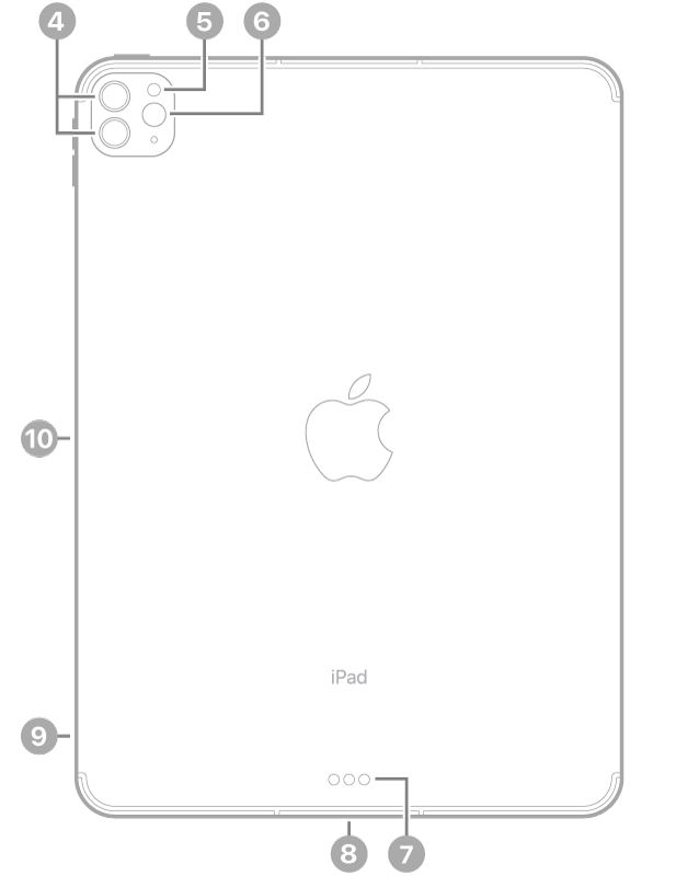 Изглед отзад на iPad Pro с надписи за задните камери и светкавица горе вляво, съединители Smart Connector и Thunderbolt / USB 4 долу в средата, поставка за SIM карта (Wi-Fi + Cellular) долу вляво и магнитен съединител за Apple Pencil вляво.