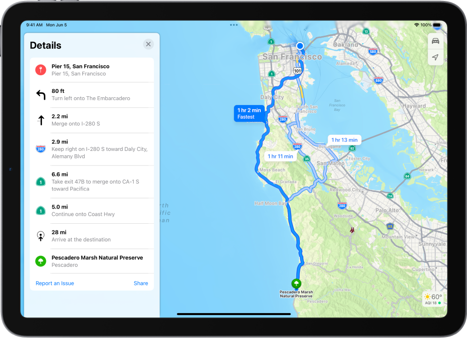 A route’s turn-by-turn directions shown in a list.