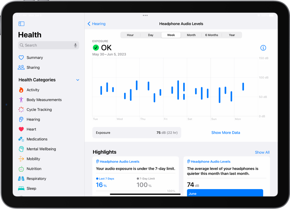 The Hearing screen in Health showing a range of headphone audio levels in a week.