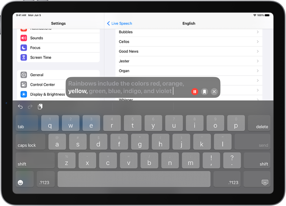 The Live Speech feature on iPad reads out loud any text entered.