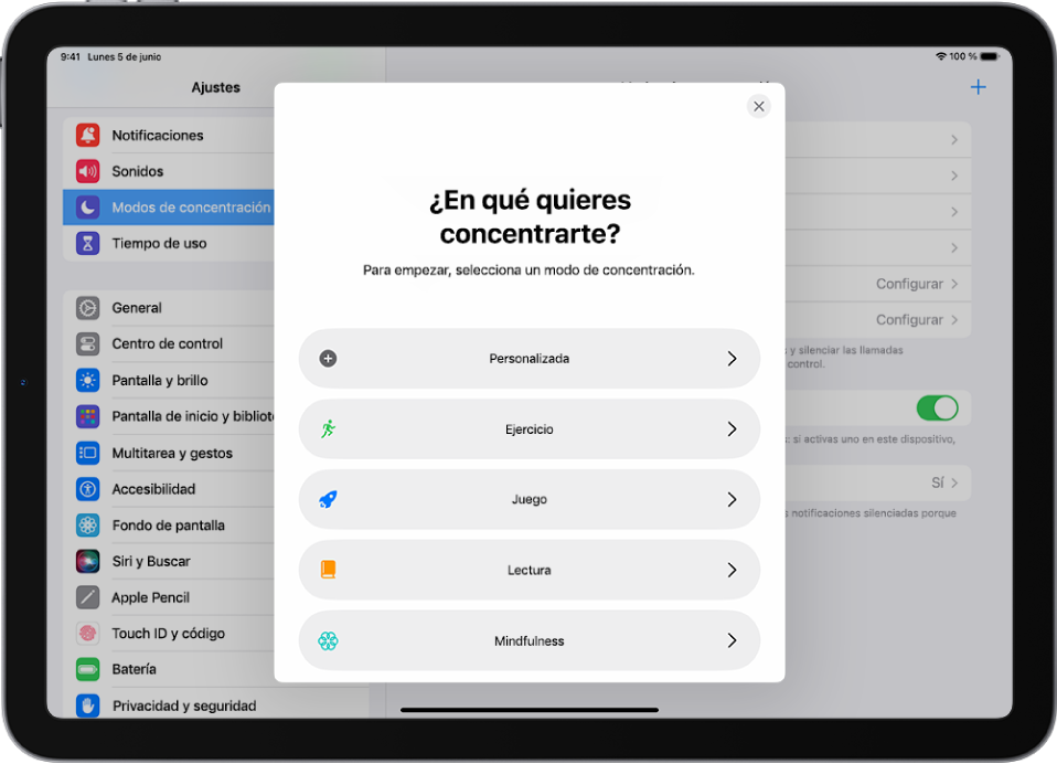 Pantalla de configuración de una de las opciones de concentración adicionales proporcionadas, entre las que se incluyen Personalizado, Fitness, Juego, Mindfulness y Lectura.