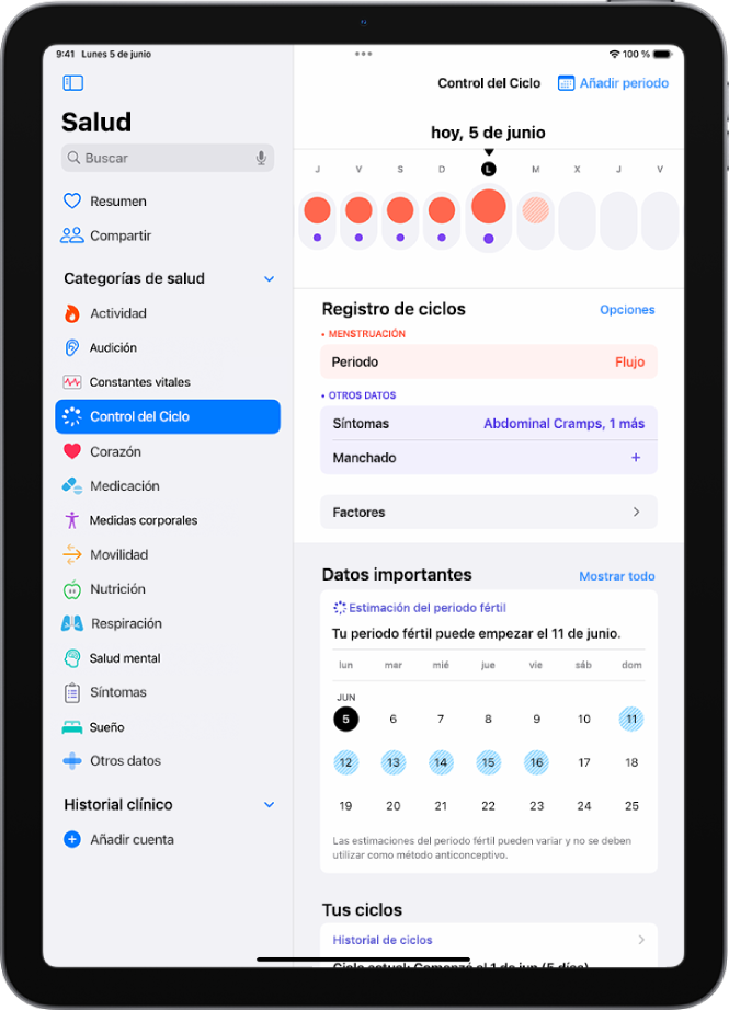 Pantalla “Control del ciclo” con la línea de tiempo de una semana en la parte superior de la pantalla. Los círculos rojos opacos y los puntos morados marcan los primeros 5 días en la línea de tiempo. Debajo de la línea de tiempo hay opciones para añadir información sobre periodos, síntomas y más.