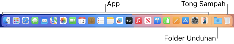 Dock menampilkan ikon untuk app, tumpukan Unduhan, dan Tong Sampah.