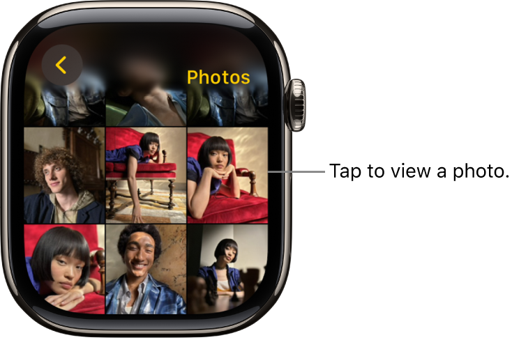 The main screen of the Photos app on Apple Watch, with several photos displayed in a grid.