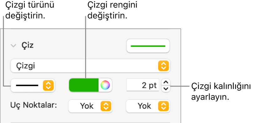 Uç noktaları, çizgi kalınlığını ve rengi ayarlamak için çizgi denetimleri.