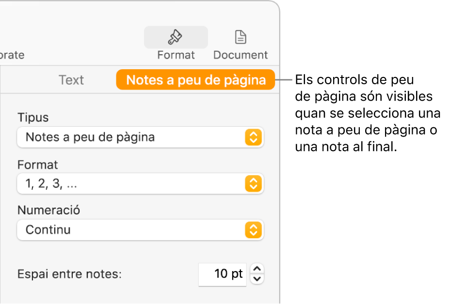 El tauler “Notes a peu de pàgina”, que mostra els menús desplegables Tipus, Format i Numeració i l’espai entre les notes.