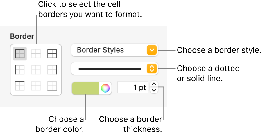 Controls for styling cell borders.