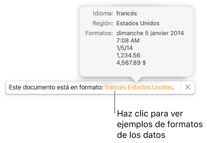 La notificación de la configuración de idioma y formato distinto, con ejemplos del formato en ese idioma y región.