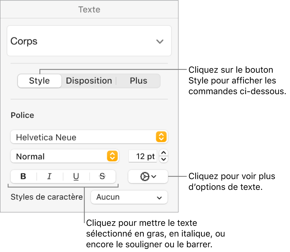 Les commandes de style de la barre latérale Format avec des légendes pour les boutons Gras, Italique, Souligné et Barré.