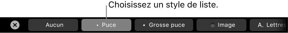 La Touch Bar d’un MacBook Pro avec les commandes permettant de choisir un style de liste.