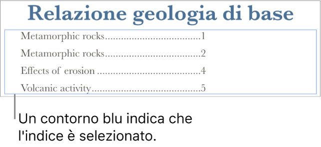 Un indice inserito in un documento. Le voci mostrano le intestazioni, con il loro numero di pagina.