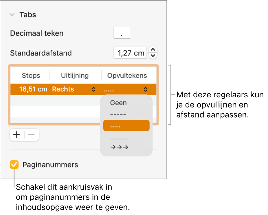 Het gedeelte 'Tabs' in de navigatiekolom 'Opmaak'. Onder 'Standaardafstand' staat een tabel met de kolommen 'Stops', 'Uitlijning' en 'Opvultekens'. Het aankruisvak 'Paginanummers' onder de tabel is ingeschakeld.