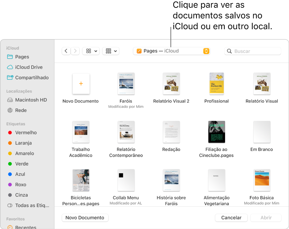 Caixa de diálogo Abrir com a barra lateral aberta à esquerda e iCloud Drive selecionado no menu local na parte superior. As pastas do Keynote, Numbers e Pages são mostradas na caixa de diálogo, além do botão Novo Documento.