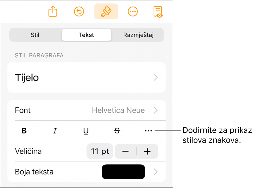 Kontrole opcije Formatiraj sa stilovima paragrafa pri vrhu, zatim kontrole Fonta. Ispod su tipke opcija teksta Podebljano, Kurziv, Podcrtavanje, Precrtavanje i Više.