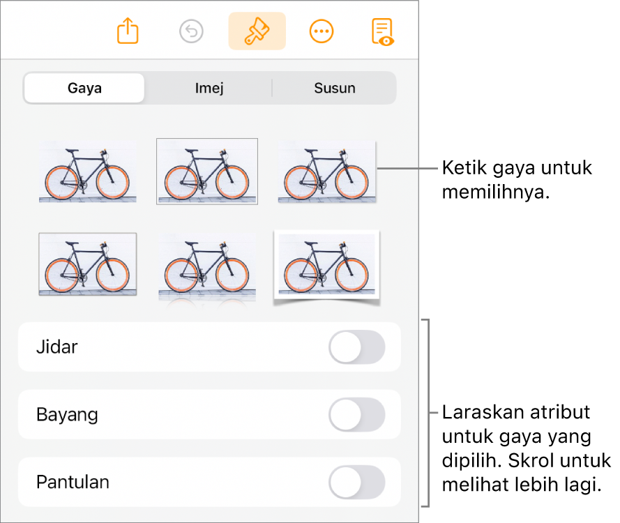 Tab Gaya menu Format dengan gaya objek di bahagian atas dan kawalan di bawahnya untuk menukar jidar, bayang, pantulan dan kelegapan.