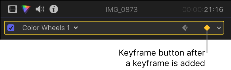 The Keyframe button for the Color Wheels effect turned on in the Color inspector