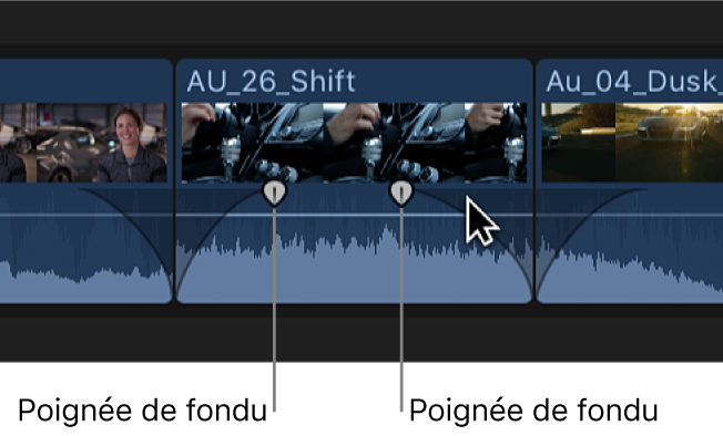 Poignées de fondu sur un plan dans la timeline