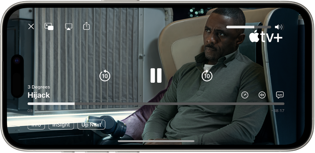 正在播放電視節目，並顯示控制項目。「關閉」、「畫中畫」、AirPlay 和「共享」按鈕位於左上方。音量滑桿在右上角。中間為向後回帶 10 秒、暫停和快轉 10 秒的按鈕。底部中間是一個滑桿，你可以拖移它來調整影片位置；經過時間和剩餘時間則顯示在滑桿的兩側。右下角是「資料」、「幕前焦點」和「待播清單」按鈕。