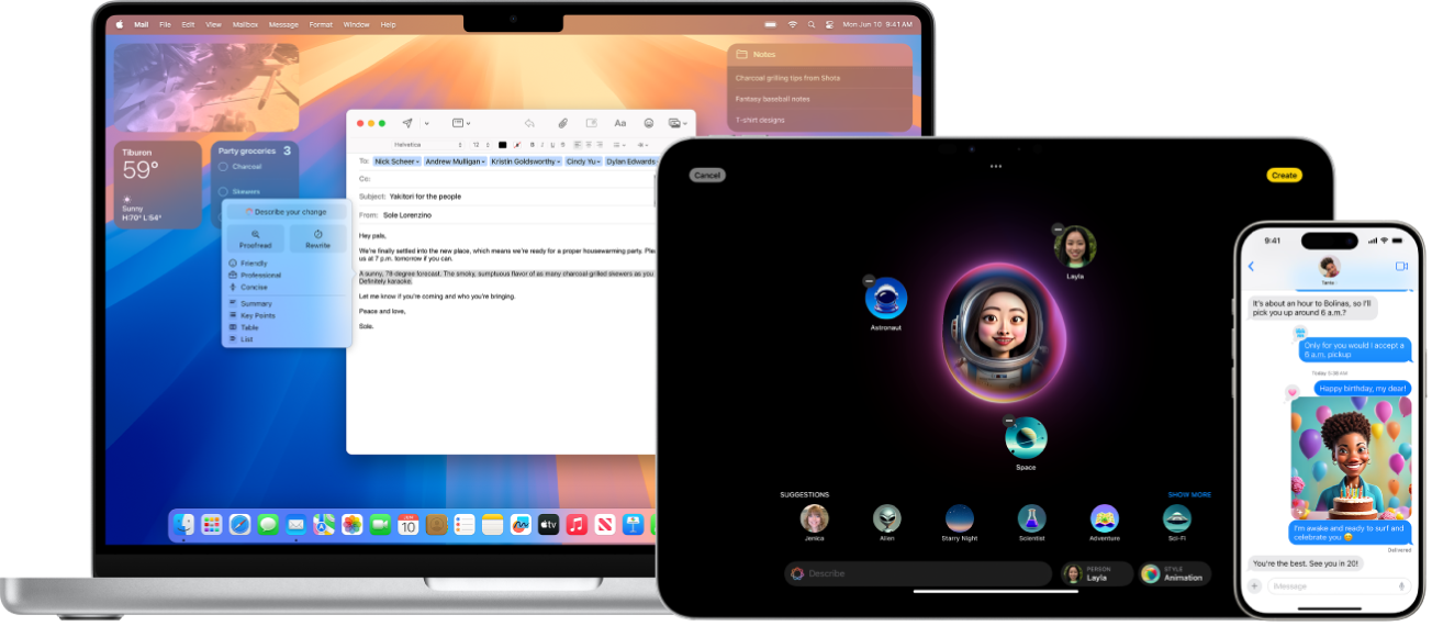 From left to right, a Mac shows Writing Tools used in an email, iPad shows Image Playground, and iPhone shows a Genmoji as part of a message thread.