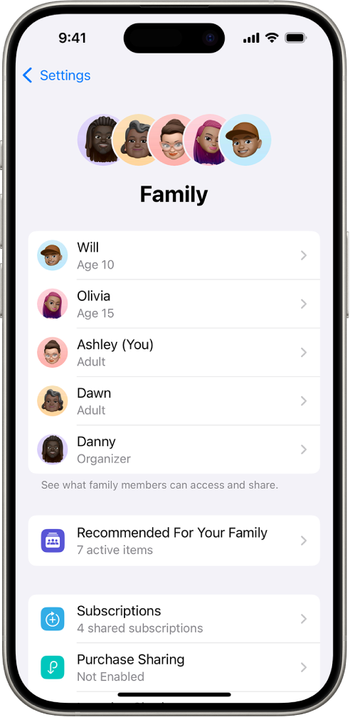 The Family Sharing screen in Settings. Five family members are listed. Below their names are family recommendations, Subscriptions, and Purchase Sharing options.