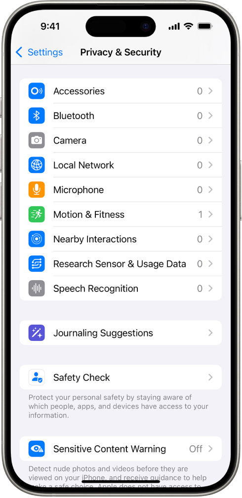 The Privacy & Security screen, with settings to control whether apps can use the camera, microphone, and other parts of your iPhone.