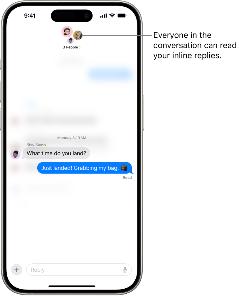 Composing an inline reply in a group conversation in Messages. Icons of the people in the group are at the top of the screen. The onscreen keyboard is in the bottom half of the screen. Most of the message conversation is blurred except for the specific text that’s being replied to with an inline reply.