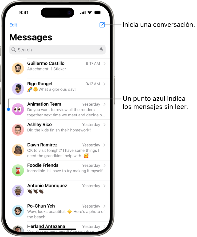 La lista de conversaciones de Mensajes con el botón Redactar en la parte superior derecha. Un punto azul a la izquierda del mensaje indica que no se ha leído.