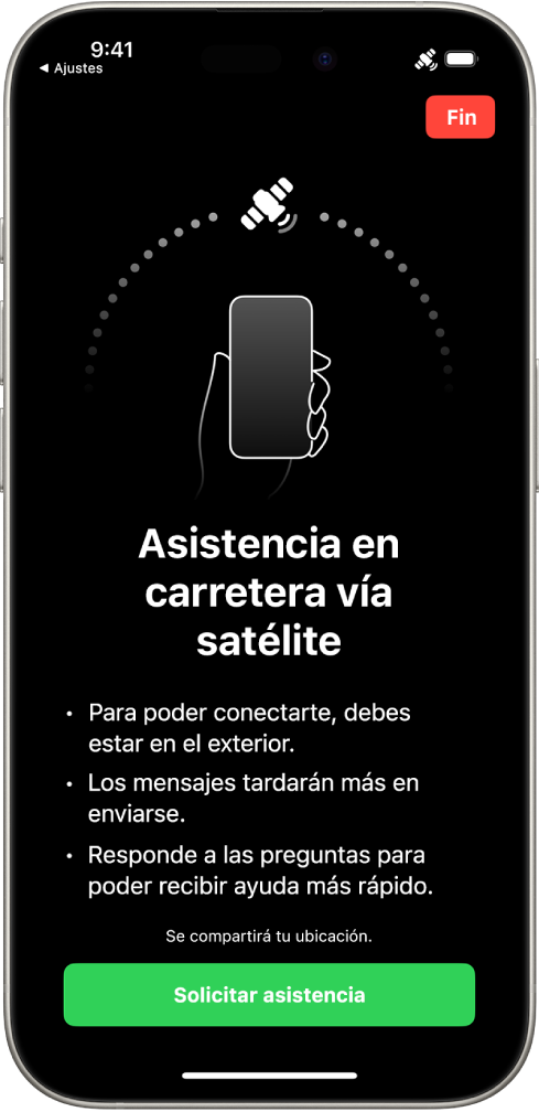 Pantalla “Asistencia en carretera vía satélite”. El botón “Solicitar asistencia” está en la parte inferior de la pantalla.