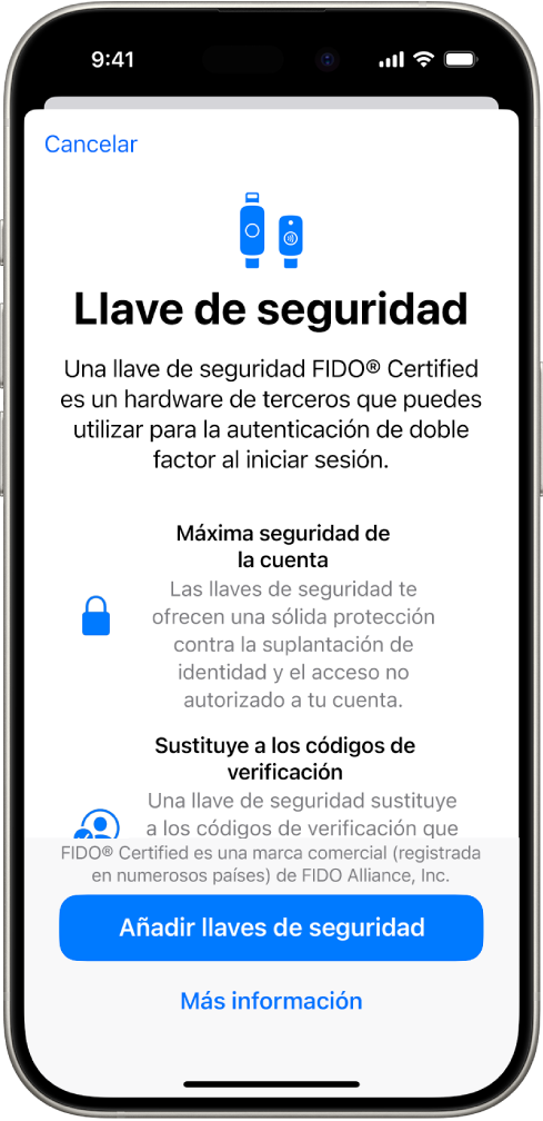 La pantalla de bienvenida de las llaves de seguridad. Cerca de la parte inferior está el botón “Añadir llaves de seguridad” y un enlace “Más información”. Sobre ellas hay un texto explicativo sobre las ventajas de utilizar llaves de seguridad.